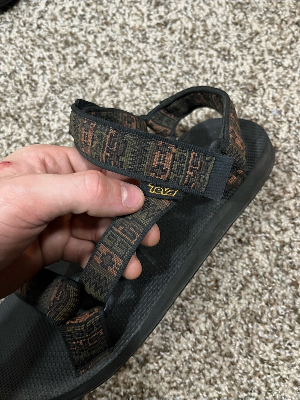 Teva Black Sandal with Brown and Olive Patterned Straps